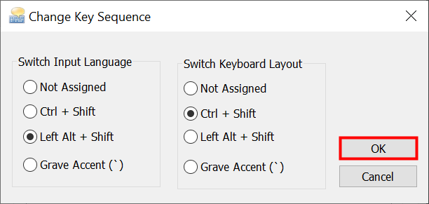 Switch the keyboard language shortcut to another option and press OK