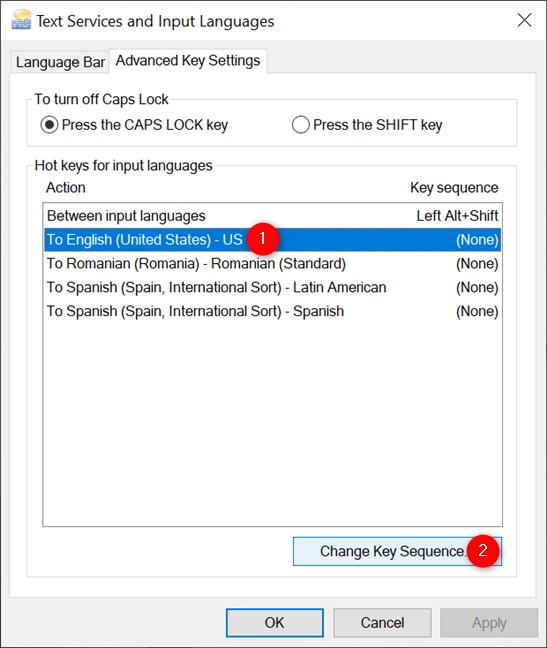 Select a layout and press Change Key Sequence