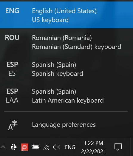 Each Windows 10 change keyboard language shortcut works with the language bar