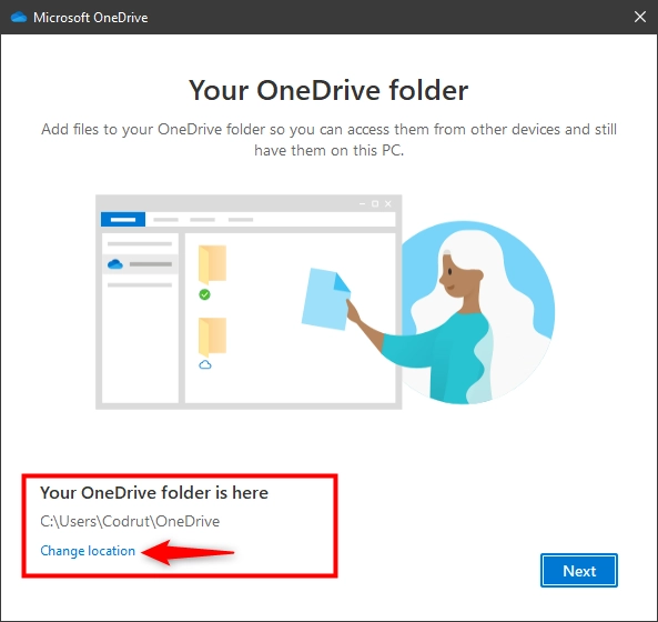 Selecting to Change location for OneDrive