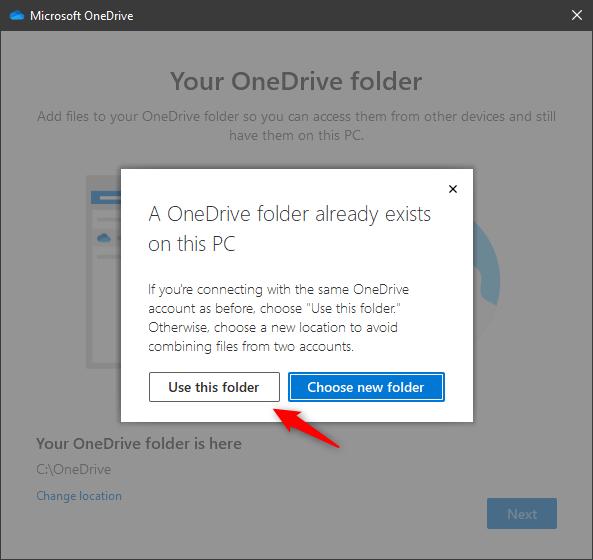 Choosing to Use this folder for OneDrive