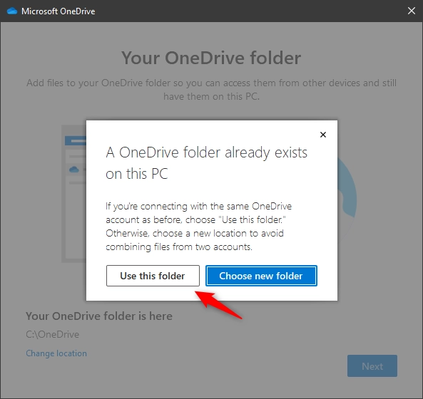Choosing to Use this folder for OneDrive