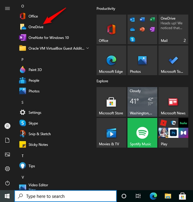 Opening OneDrive from the Windows 10 Start Menu