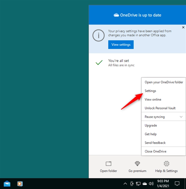 Opening the Settings for OneDrive