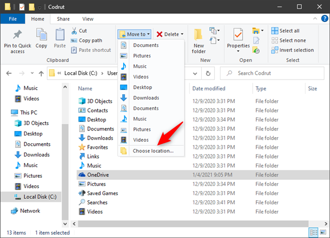 Select Choose location in File Explorer