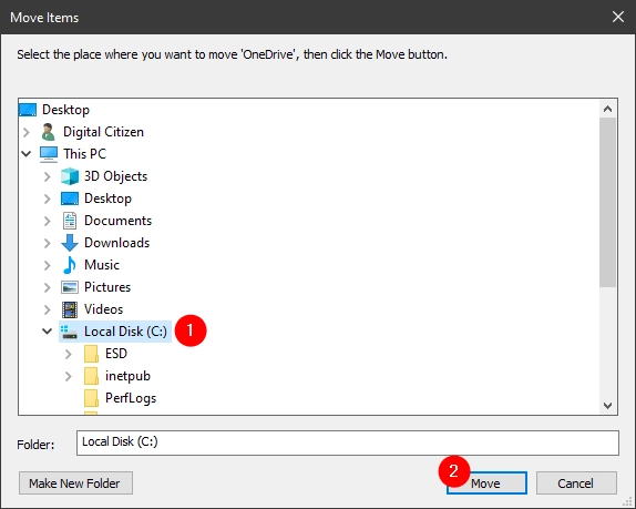 Choosing where to move OneDrive on a Windows 10 PC