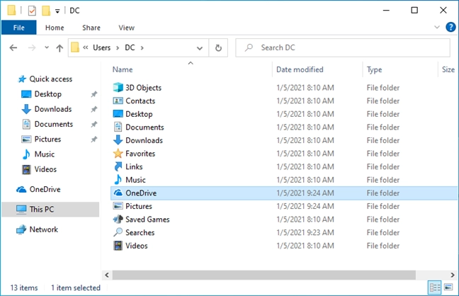 The default folders from a Windows 10 user account