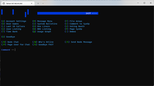 A Telnet connection made in Windows 11