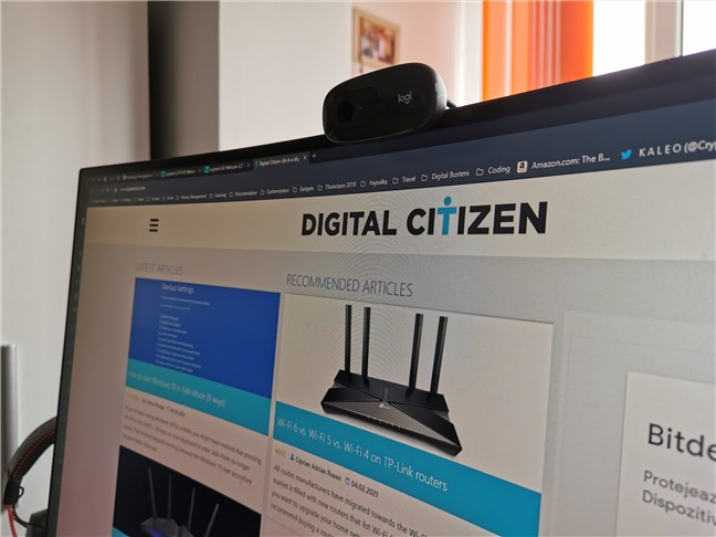 The Logitech C270 HD Webcam mounted on a monitor