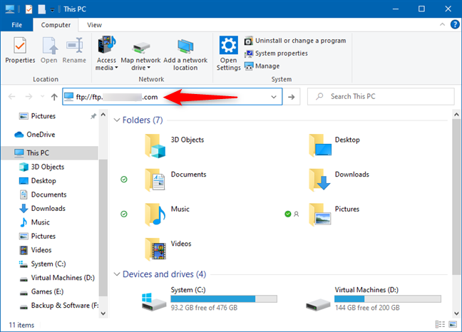 Entering the address of an FTP server in Windows 10's File Explorer