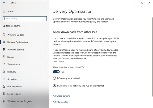 Windows updates can be downloaded from the local network or the internet