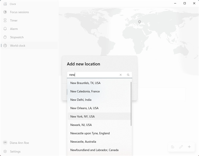 Search for the location you want to add in the World clock