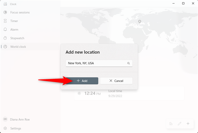Add a new location in the World clock in Windows