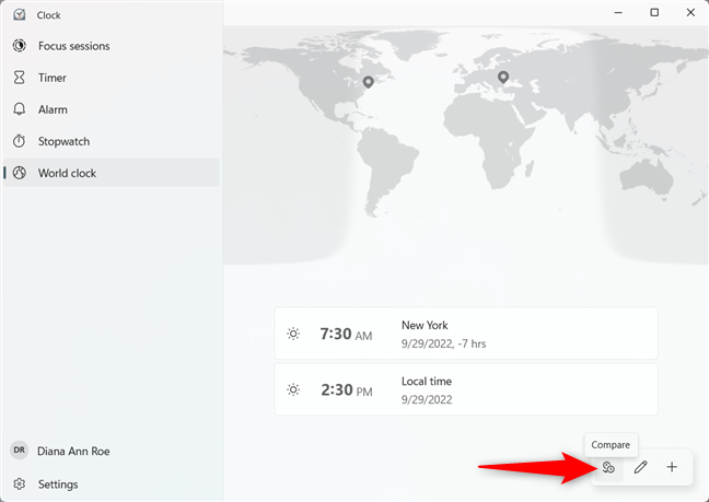 Compare the times in different countries with the Windows Clock app 