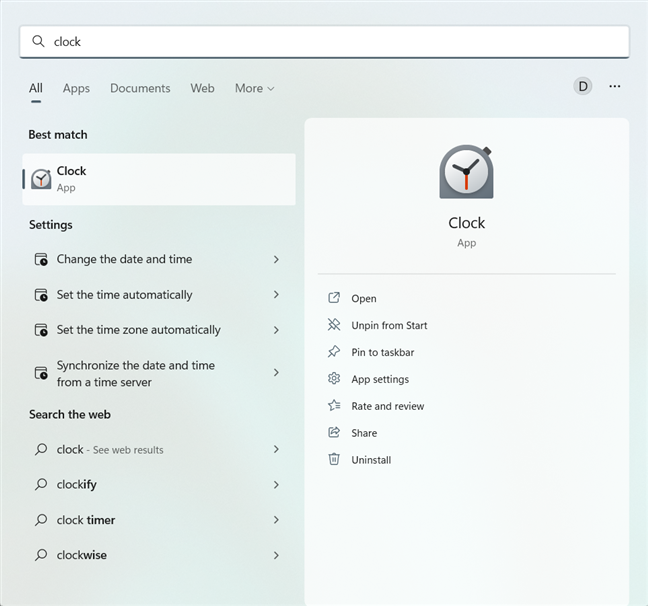 Search for the Clock app in Windows
