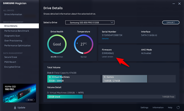 The firmware version of a Samsung SSD is shown by the Samsung Magician app