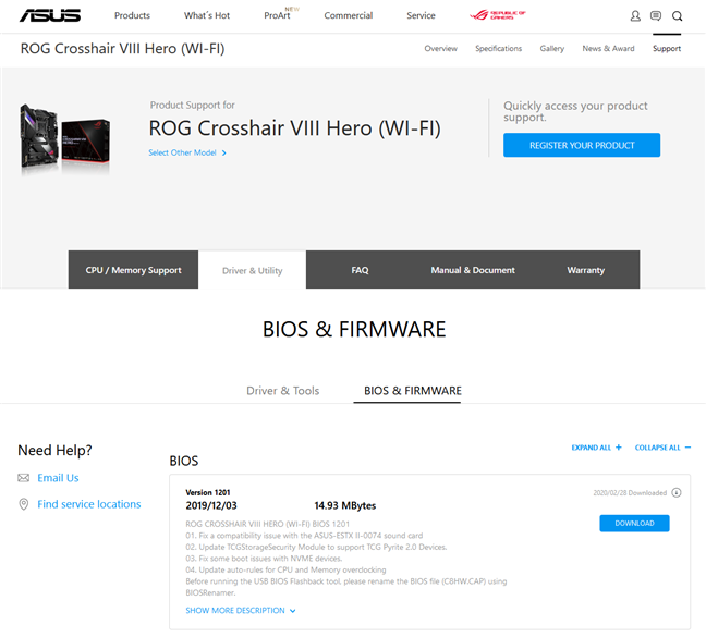 The BIOS & Firmware webpage of a motherboard made by ASUS