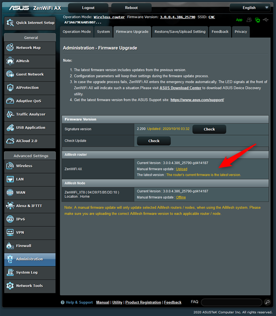 Firmware upgrade for an ASUS router