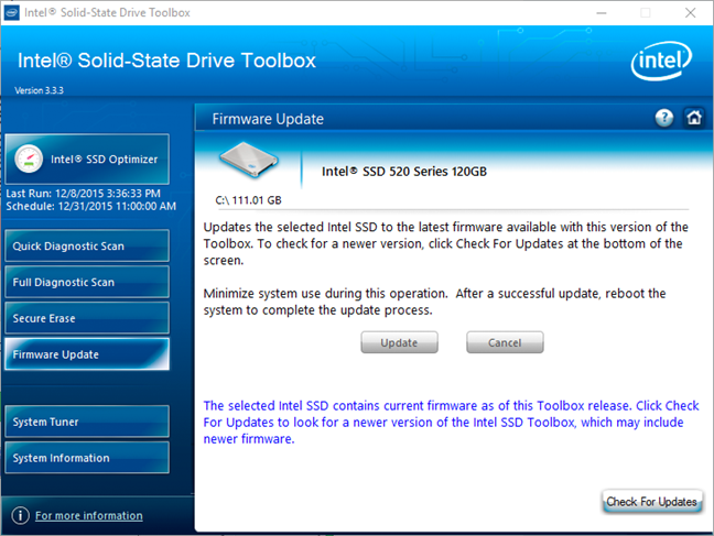 Intel Solid-State Drive Toolbox lets you do a firmware update for Intel SSDs