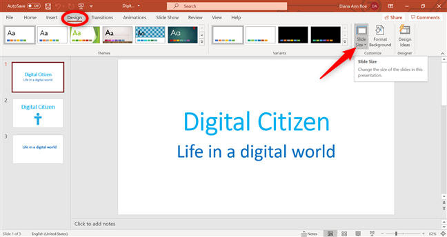 Change size of PowerPoint slide from the Design tab
