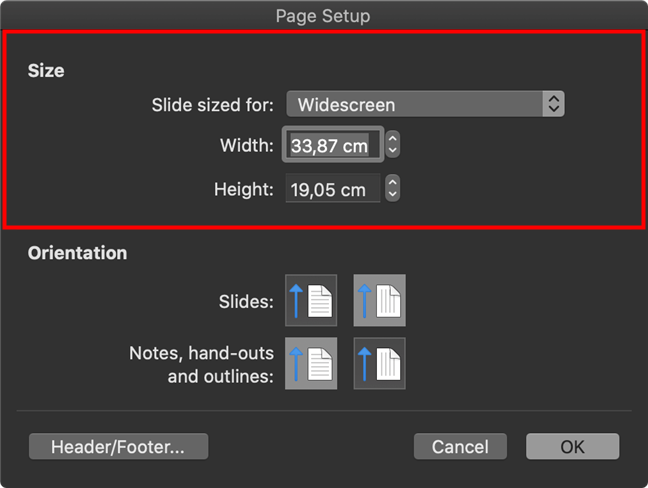 Change the PPT Slide Size from the Page Setup pop-up on macOS Catalina