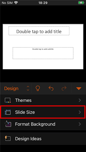 Press the PowerPoint Slide Size button shown on the iPhone