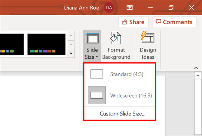 power point presentation size