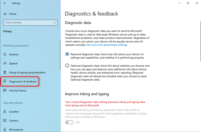 On the left, choose Diagnostics & feedback