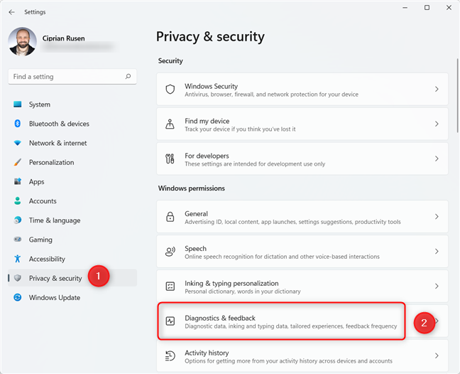 In Windows 11 Settings, go to Privacy & security > Diagnostics & feedback.