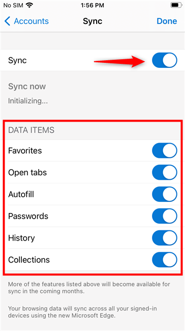Turning on Sync on an iPhone, and selecting what to sync