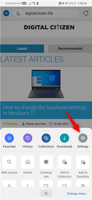 The Settings button from Edge