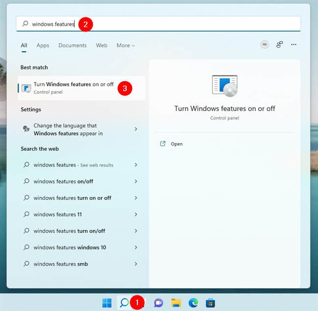 Search and open Windows Features