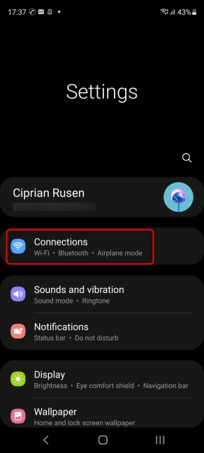 In Samsung's Settings, tap Connections
