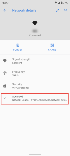 Tap Advanced in Network details