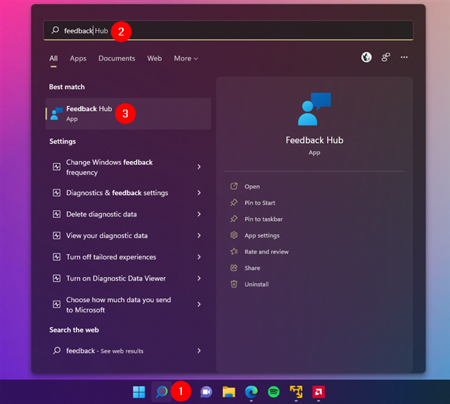 Search for Feedback Hub in Windows 11
