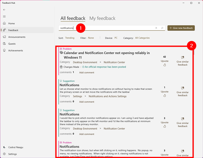 Searching for feedback in the Feedback Hub