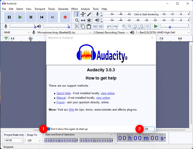 Get rid of the welcome window in Audacity