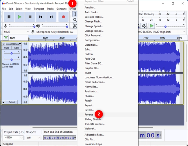 How to reverse a song in Audacity