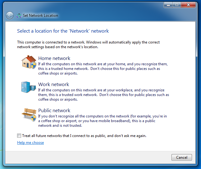 Select a location for your network in Windows 7