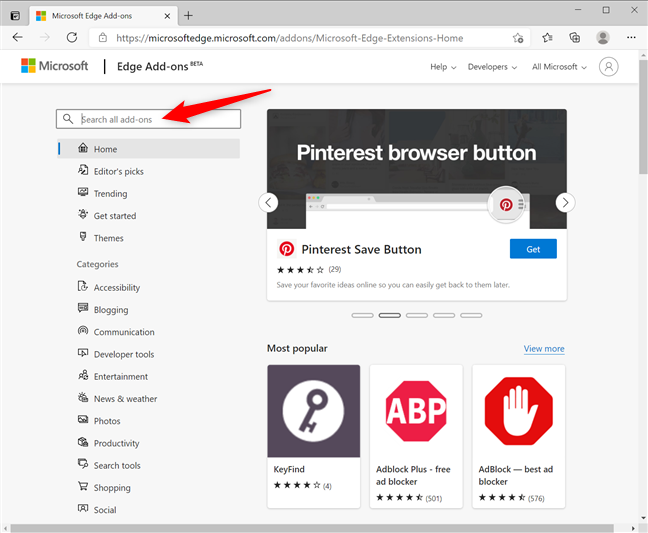 Search for the Edge browser extensions you need