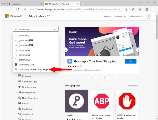 Open the Microsoft Edge extension you want to get
