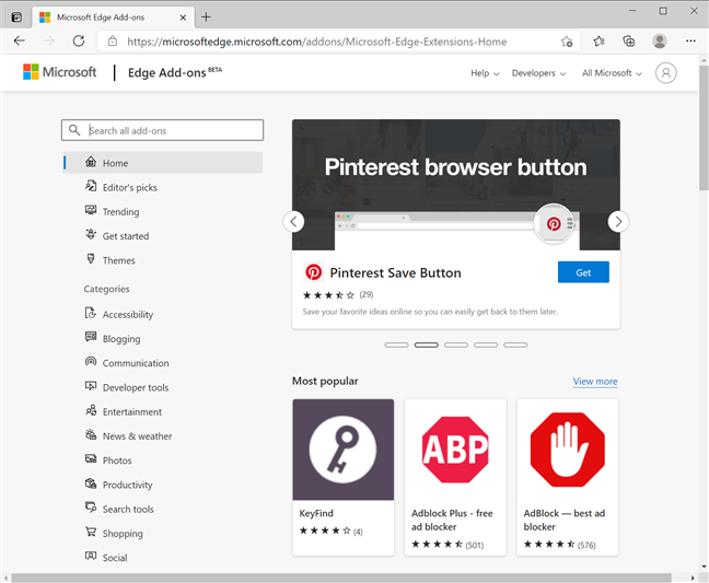 Get extensions or addons for Microsoft Edge