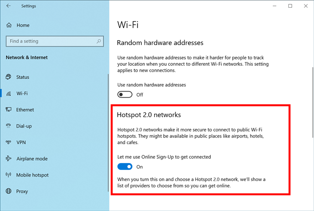 The Hotspot 2.0 networks section in Settings