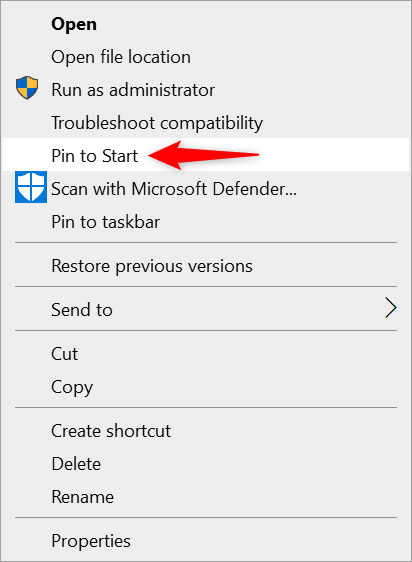 Press Pin to Start to add a Start Menu shortcut in Windows 10