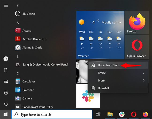 Remove apps from Start Menu in Windows 10 by unpinning them