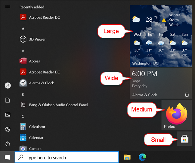 There are four options available when resizing your tiles in Windows 10