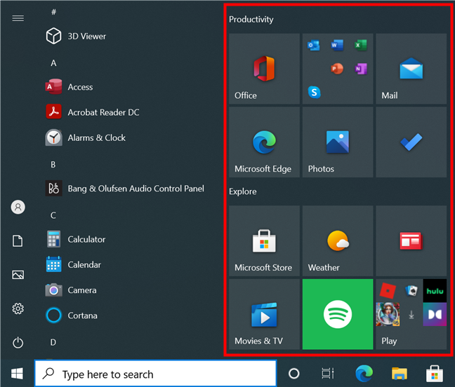 The Windows 10 default Start Menu displays tiles and shortcuts on the right
