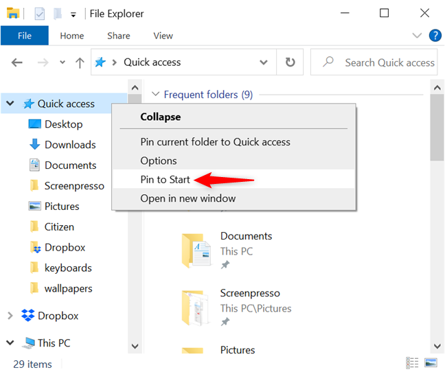 Add Quick access to the pinned tiles in Windows 10