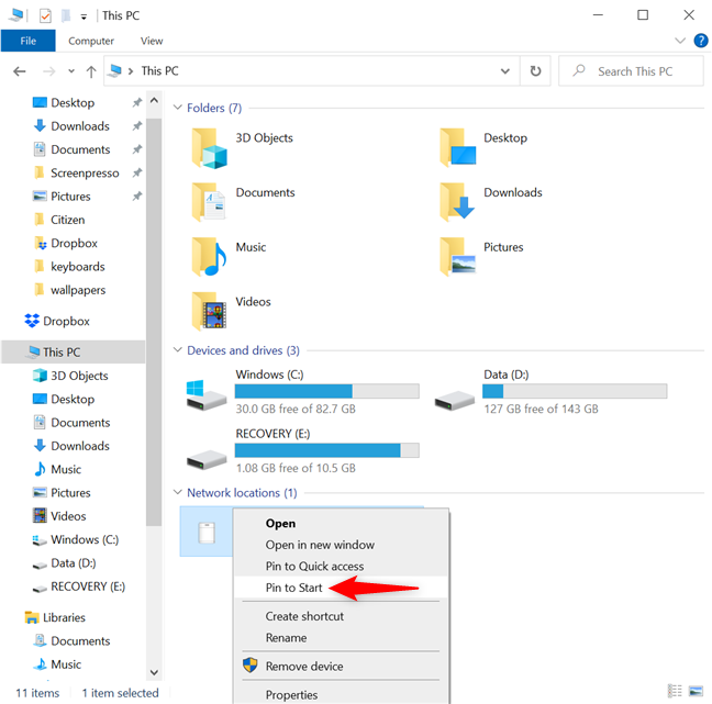 How to pin a network location to Start Menu