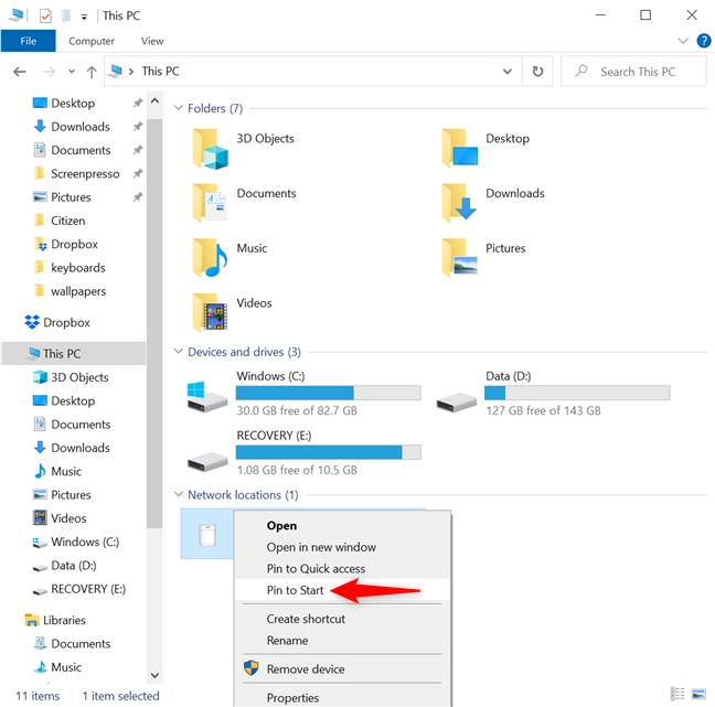 How to pin a network location to Start Menu